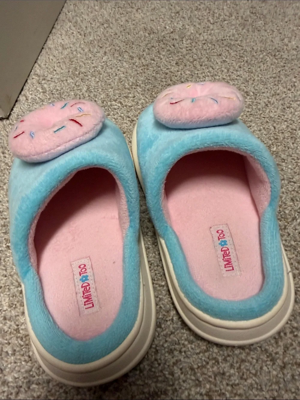 Limited Too Blue Plush Kids Slip-On Slippers with Pink Sprinkle Donut SZ 13